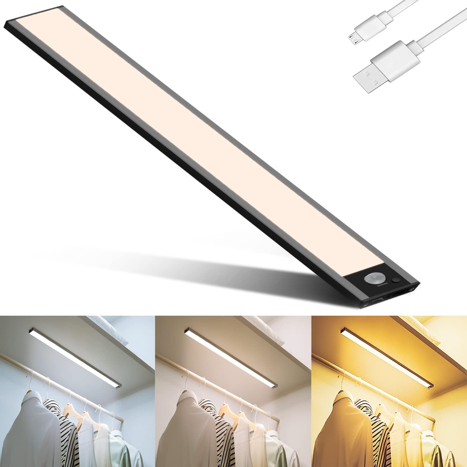 cabinet light,motion sensor light,Upgraded 40cm Rechargeable Dimmable closet light With 3 color temperatures,wireless installation,suitable for indoor Cupboard,Wardrobe,Bedroom,Counter,kitchen