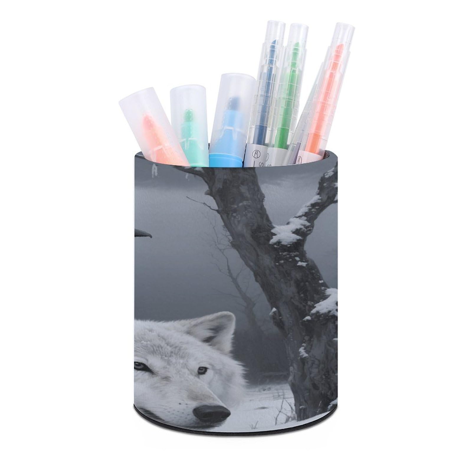 VstaDank Crow And White Wolf Pen Holder for Desk Makeup Brush Holders Stylish Pen Cup Cute Pencil Cup Round Pencil Holder Decor Brush Scissor Holders for Multifunctional Office Supplies