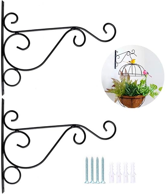 nuoshen 2 Pack Iron Plant Hanger Wall Hooks, Wall Hanging Plant Basket Brackets 10 Inches Outdoor Indoor Metal Iron Brackets with Screws for Gardening Decoration (Black)