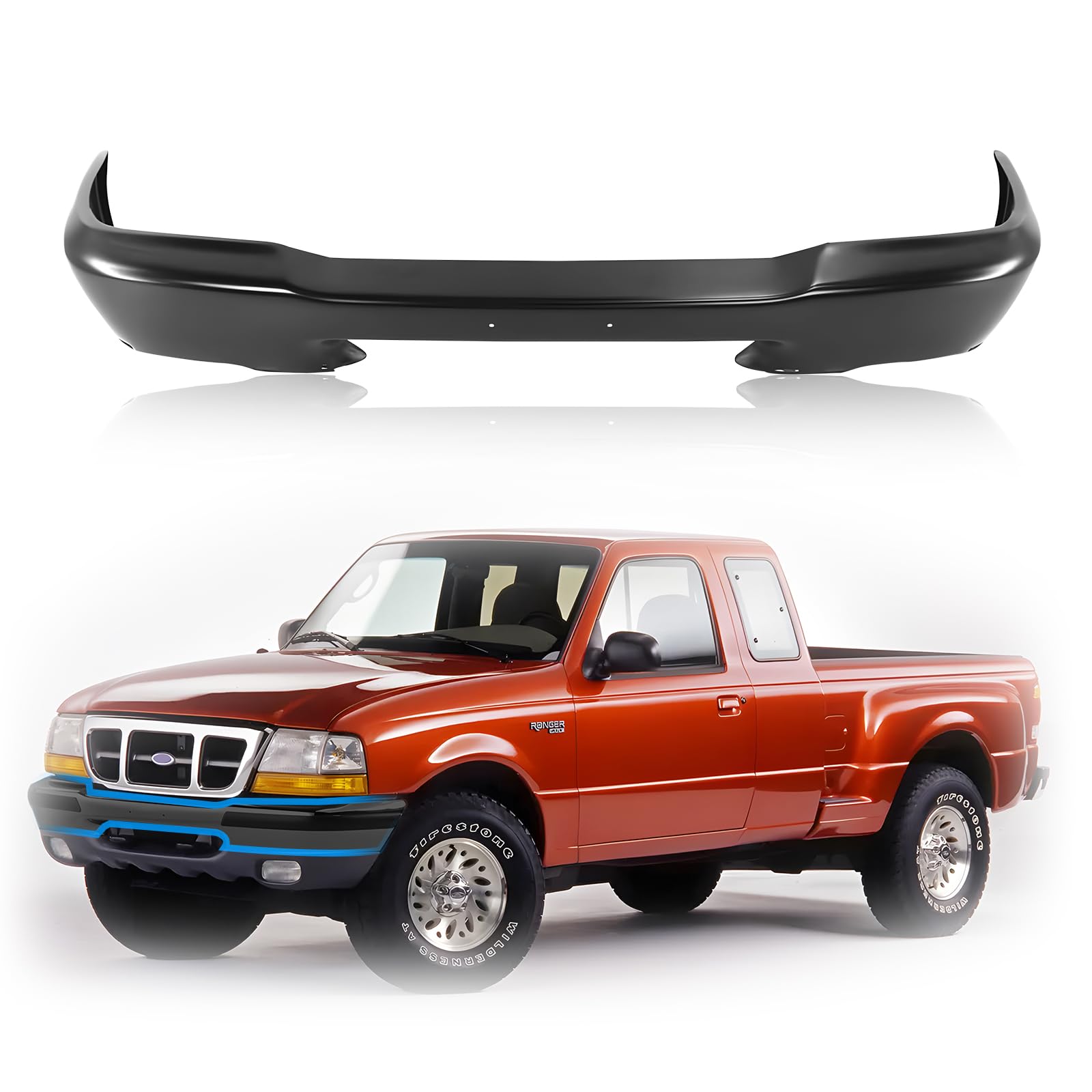 CarPartsDepot Front Bumper Face Bar Primed Black Steel Pickup Truck Compatible With 1998-2000 Ford Ranger FO1002347 YL5Z17757AAA