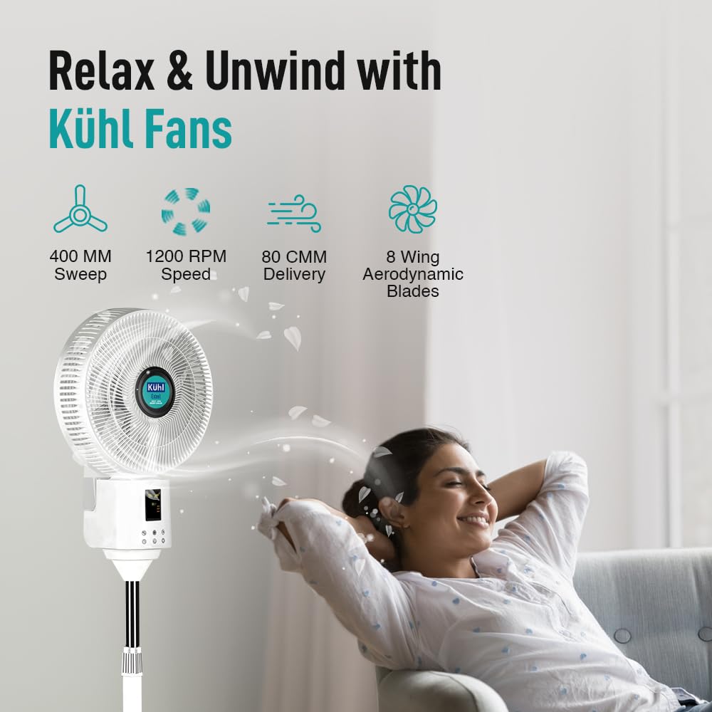 KUHL Exzel H1 Next Gen Desert Cooler BLDC Pedestal with Mist & Humidifier|8Blades |4Speed| Remote & Touch Panel with Display| Height Adjustement| Low Noise|8 Hr Water Tank|400mm |Free installation 3