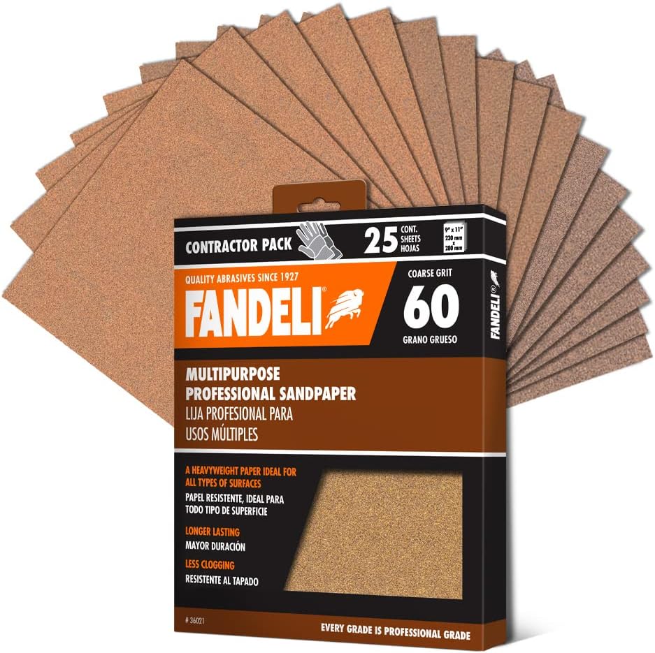 Fandeli 36021 060 Grit Multipurpose Sandpaper Sheets, Brown , 9" x 11", 25-Sheet