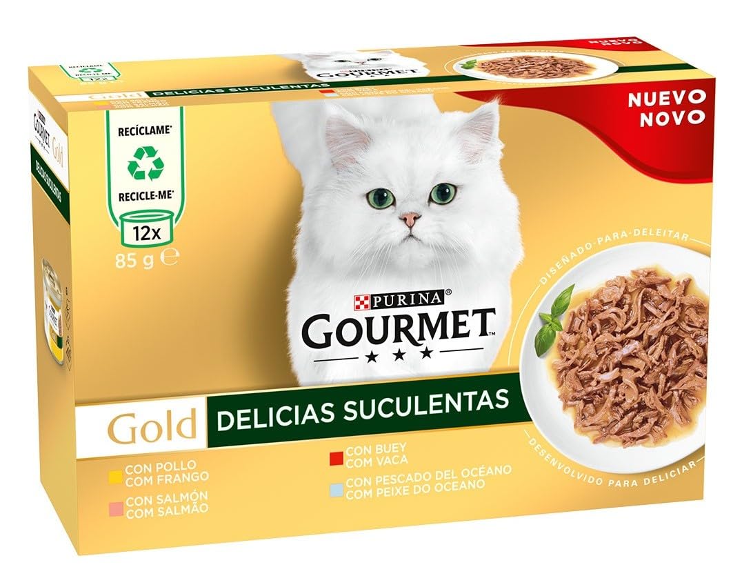 Gourmet Purina Gold Delicias Suculentas, Comida Húmeda para Gato Pack Surtido, 12 latas de 85g