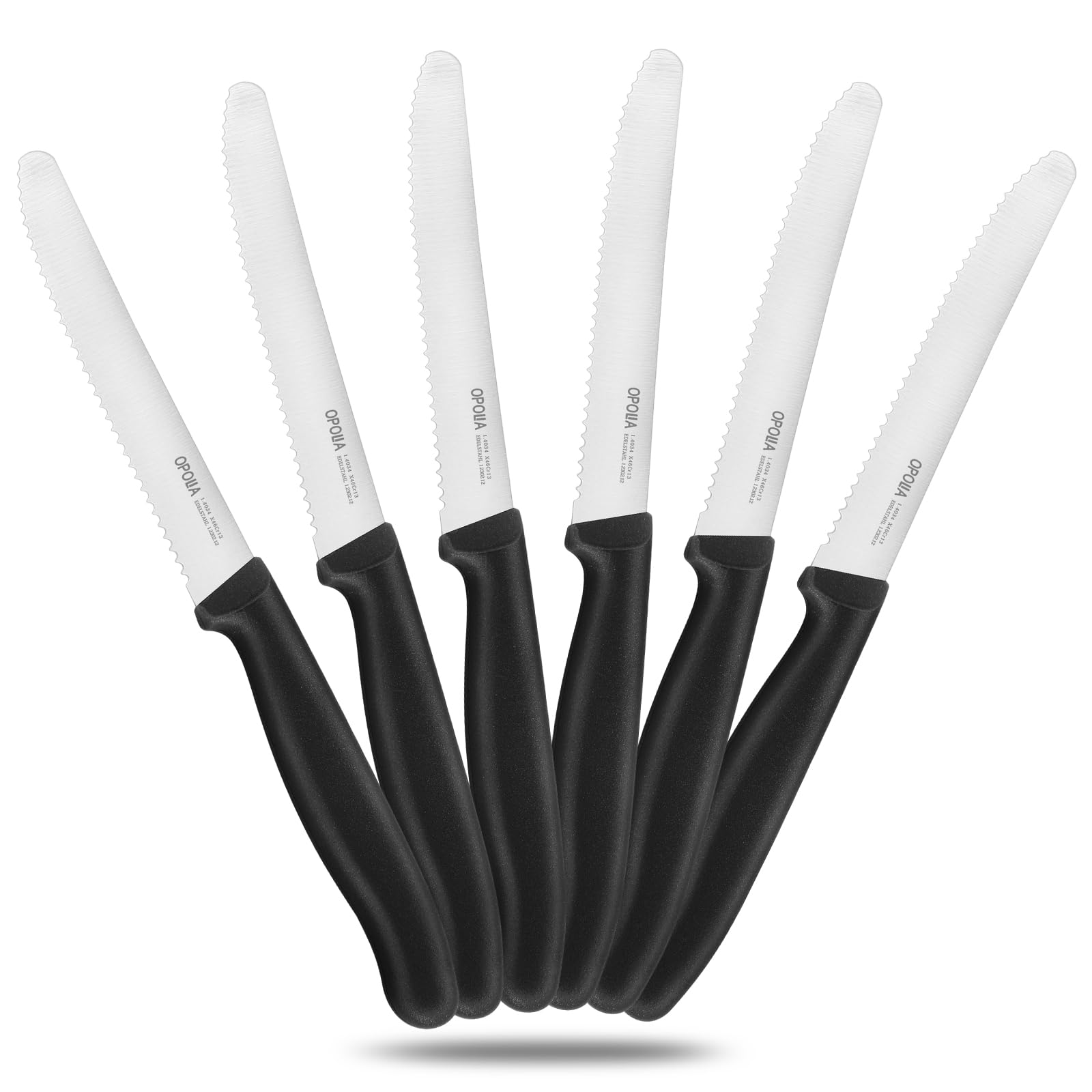 OPOLIA Frühstücksmesser 6 Stück,Brötchenmesser aus Rostfreiem Stahl,Wellenschliff Tomatenmesser,Ergonomischer Griff,Multifunktionaler Einsatz,Schwarz,Spülmaschinenfest.
