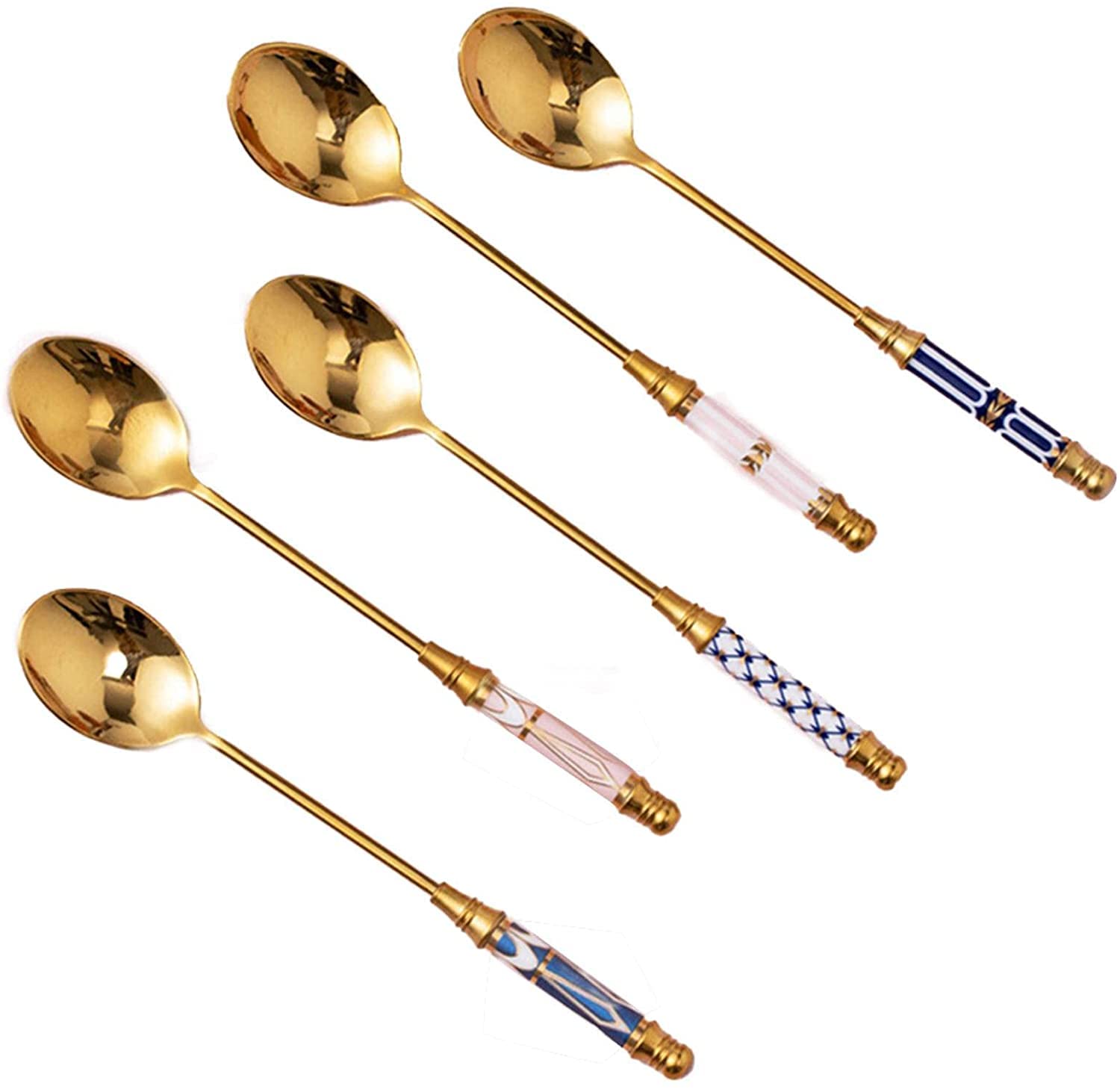Kleine Löffel, Edelstahl-Kaffee-Milchlöffel mit keramisch langem Griff Löffelküche Dessert Löffel vergoldet Dessert Löffel Mokkalöffel(Big Spoon G)