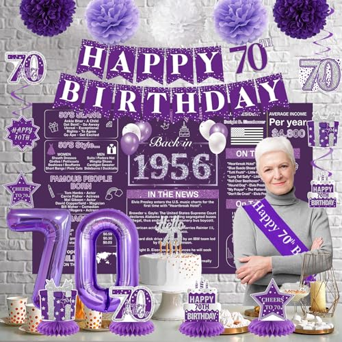 Image of Crenics Purple 70th Birthday Decorations for Women - Back in 1956 Backdrop, Banner, Swirls, Centerpieces, Sash, Paper Pom Poms, Cake Topper and Balloons for 70 Birthday Party Supplies