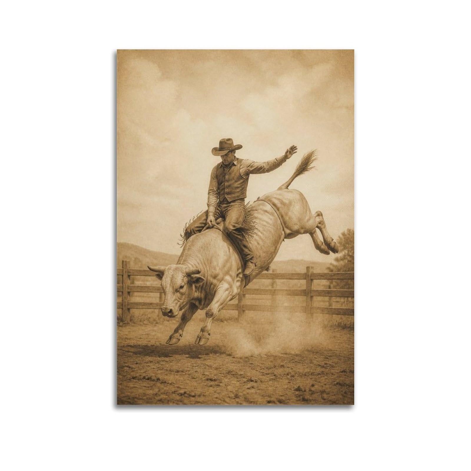 OKAHYS Antique Sepia Rodeo Bull Riding Poster Western Rustic Ranch Modern Decorative Canvas Prints - Ideal Wall Art for Family, Man Cave, Game Room, Boys & Girls Bedroom 24x36inch(60x90cm)