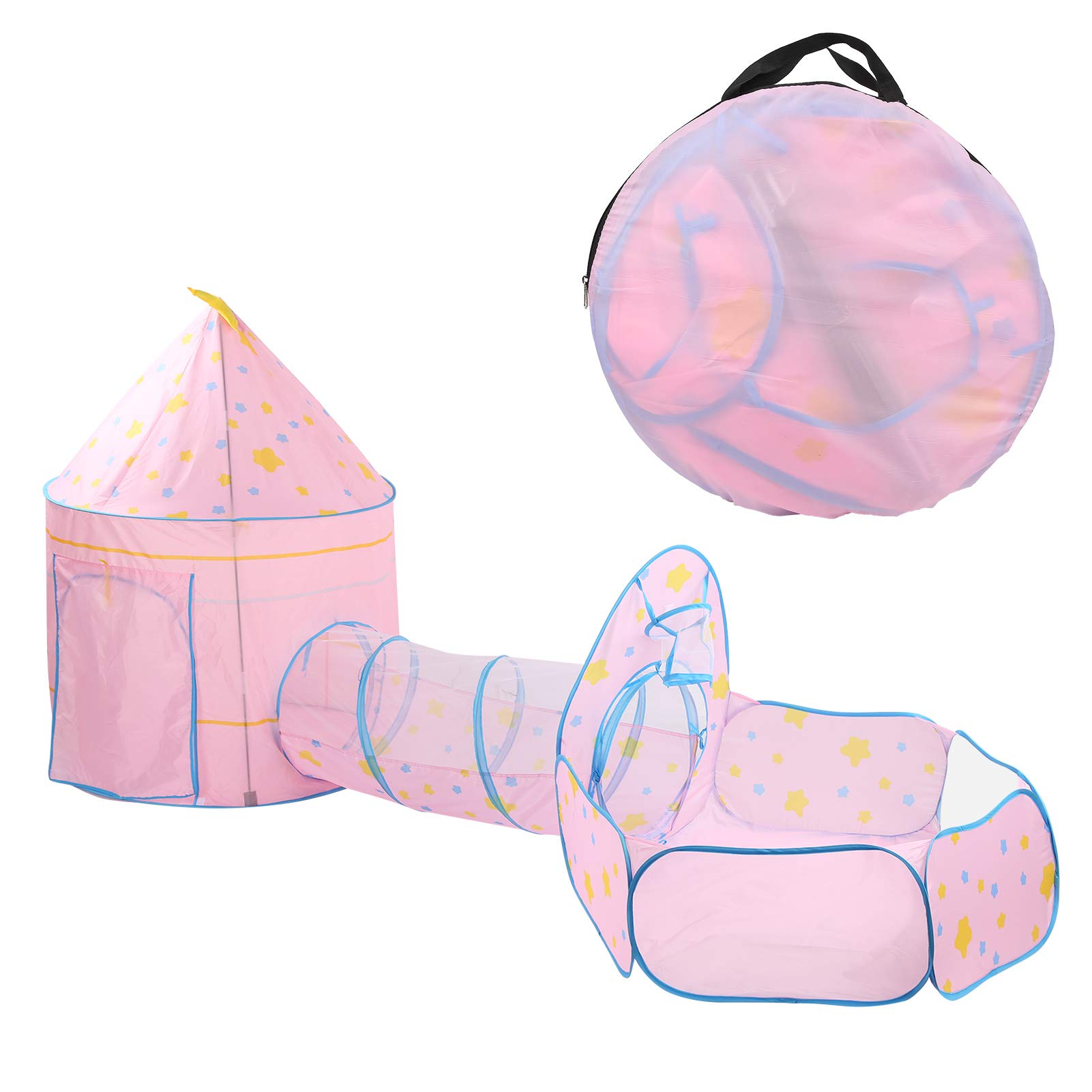 Babyzelt-Spieltunnel-Set für Indoor-Abenteuer, 3-teiliger -Krabbeltunnel mit Bällebad für über 3 Jahre, Sicheres 190T-Polyester-Material (Rosa Stück)