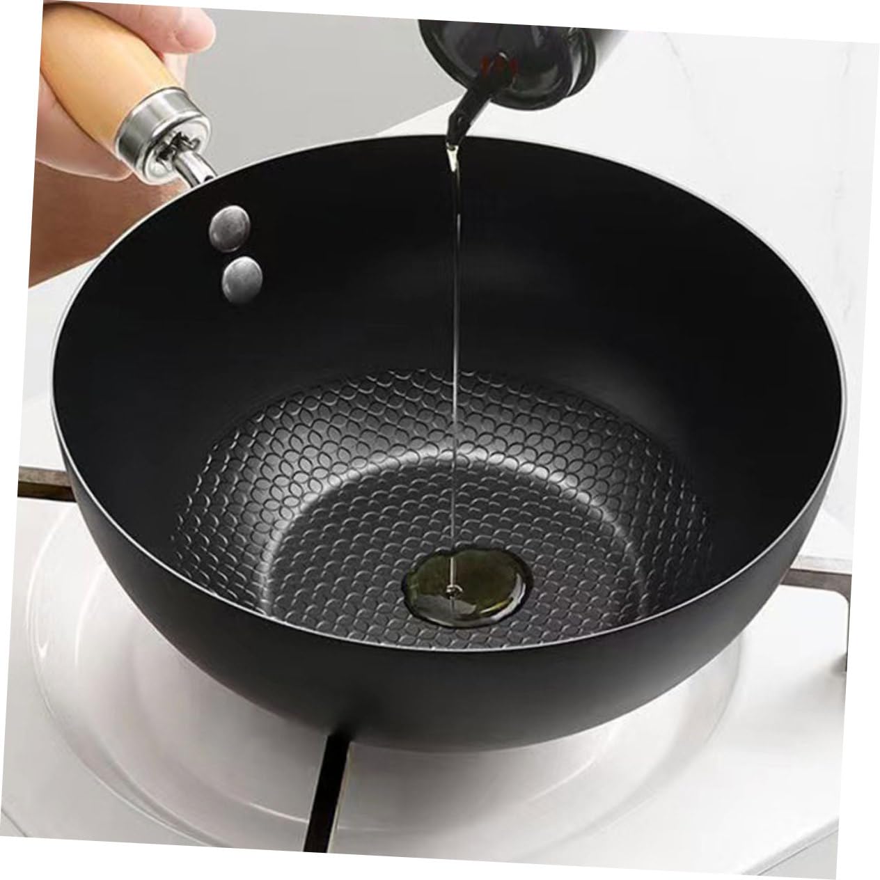 ABOOFAN Wok Mini in Ferro Nero per Piano a Induzione, Manico in Legno