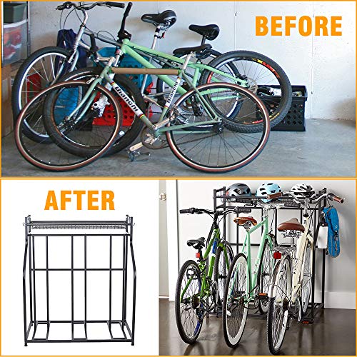 SNAIL 3 Bike Stand Rack with Storage for Garage Use, Freestanding Bicycle Instant Floor Parking Stand for Parking Road, Mountain, Hybrid or Kids Bikes, Sports Storage Station Garage Organizer - Black - Thumbnail 7