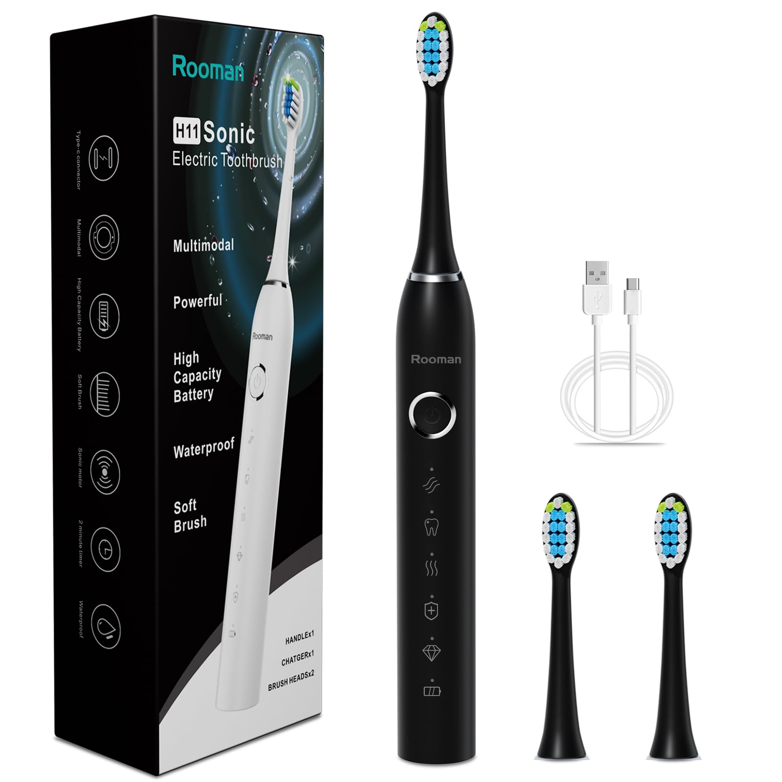 Rooman Cepillo de dientes eléctrico sónico para adultos, 20.000 vibraciones por minuto, 5 modos de limpieza, batería de 90 días, cepillo de dientes eléctrico con temporizador, IPX7 impermeable, 2