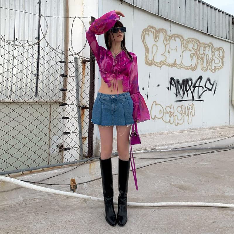 Women's Y2K Tie Dye Sheer Mesh Tie Open Front Long Sleeve Crop Top Ruffle Trim V Neck Blouse Shirt Top3