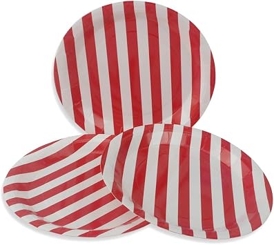 Red Stripe Paper Plates 36pcs - 9inch Biodegradable Round Party Plates for Cakes, Dessert, Snack, Fruits