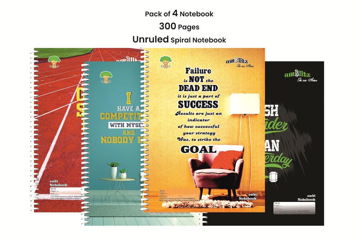 amblitz Lot de 4 carnets à spirales non lignés 300 pages Format A4 Papier épais 70 g/m²