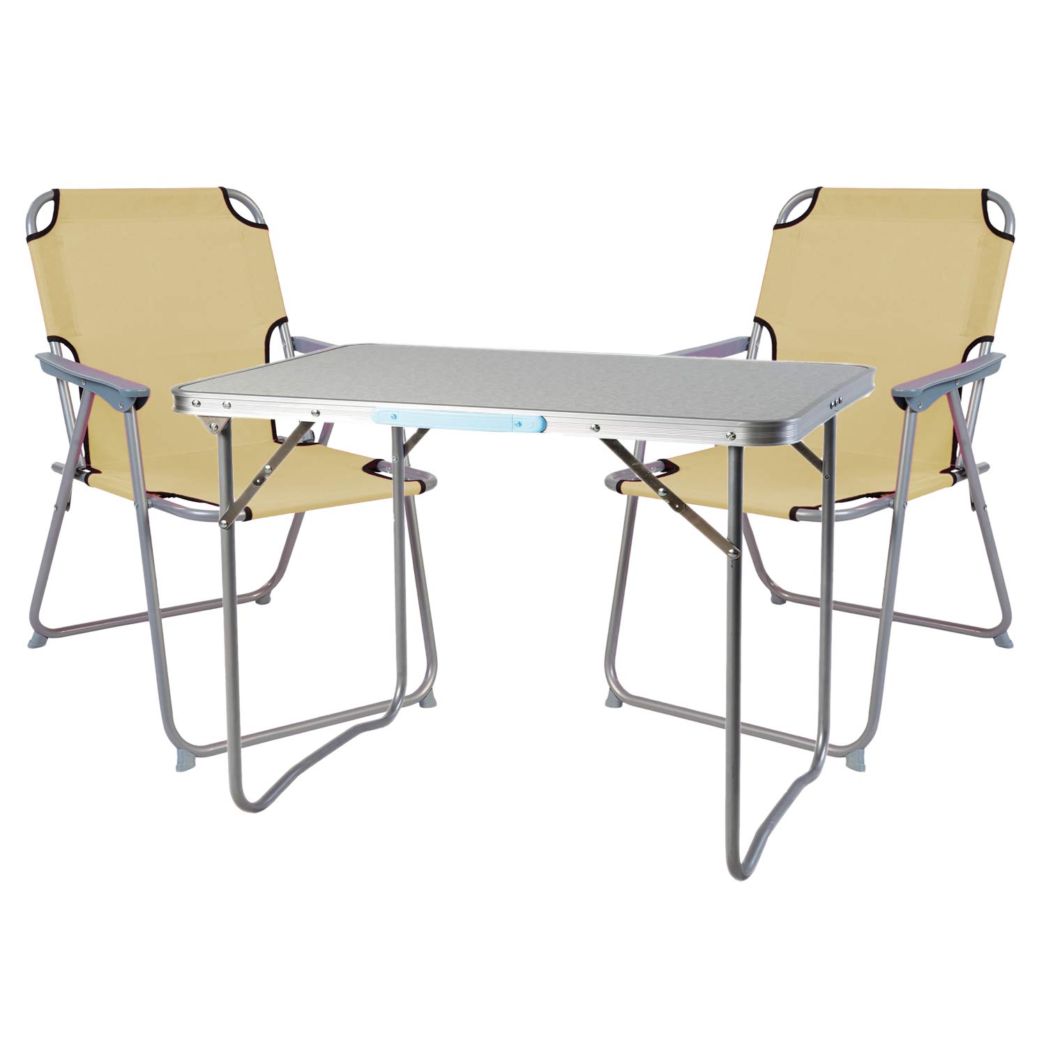 Mojawo Set di 3 mobili da campeggio in alluminio, da 70 x 50 x 59 cm, 1 tavolo da campeggio con maniglia e 2 sedie da campeggio, colore beige