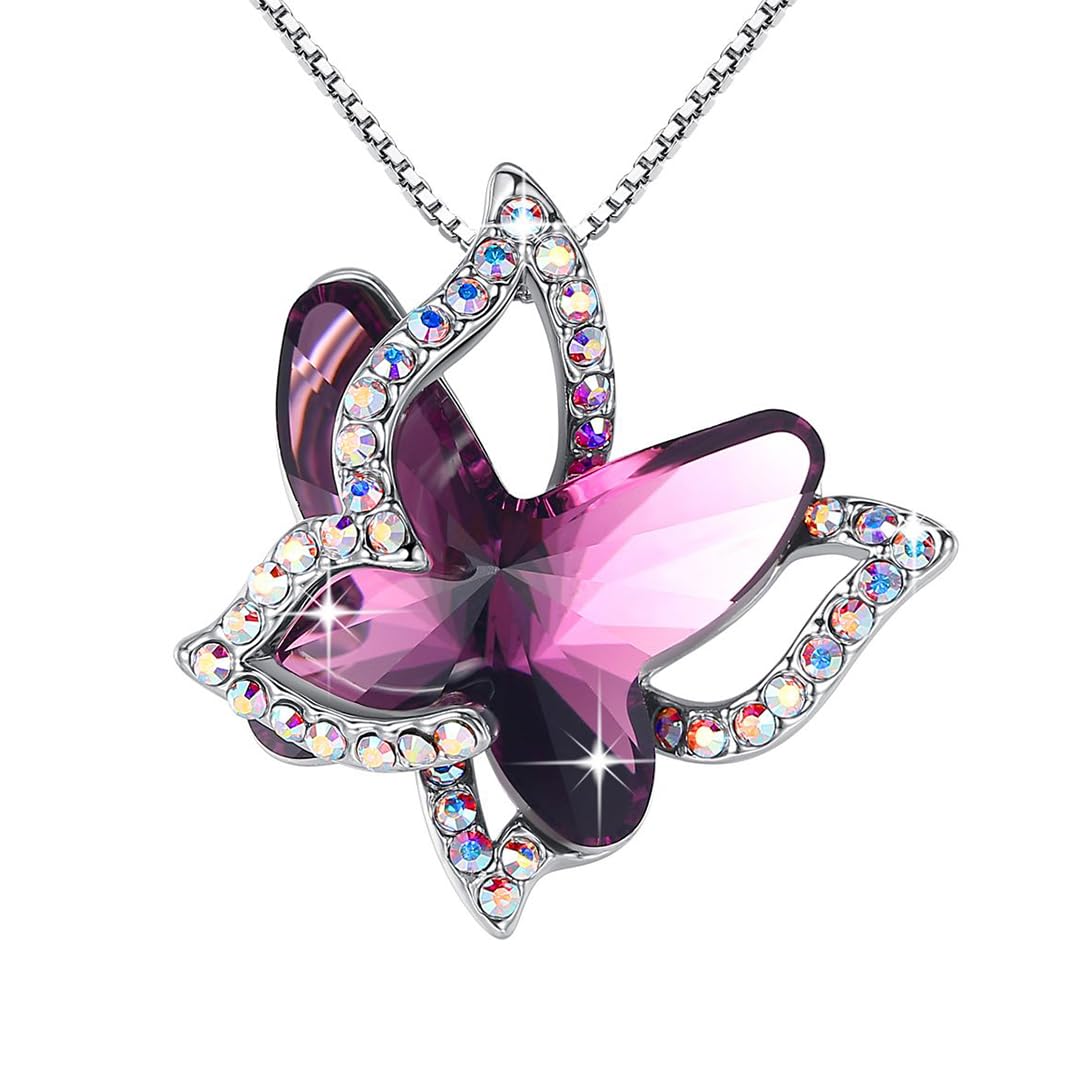 GEMMANCE Butterfly Birthstone Crystal Necklace - Silver Tone with 18+2 Chain - Necklace Mothers Day Anniversary Birthday Christmas - Gifts for Women Girls Daughter