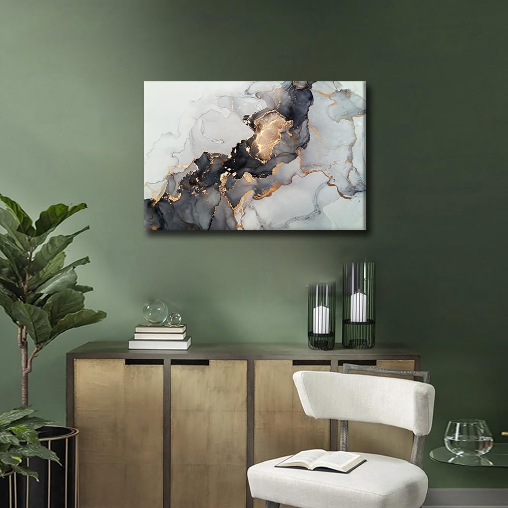 Black and Gold Abstract Canvas Wall Art Modern Luxury Abstract Fluid Art Painting Framed Print Ready to Hang for Living Room Bedroom Bathroom Home Wall Decor 16x24inch - Image 3