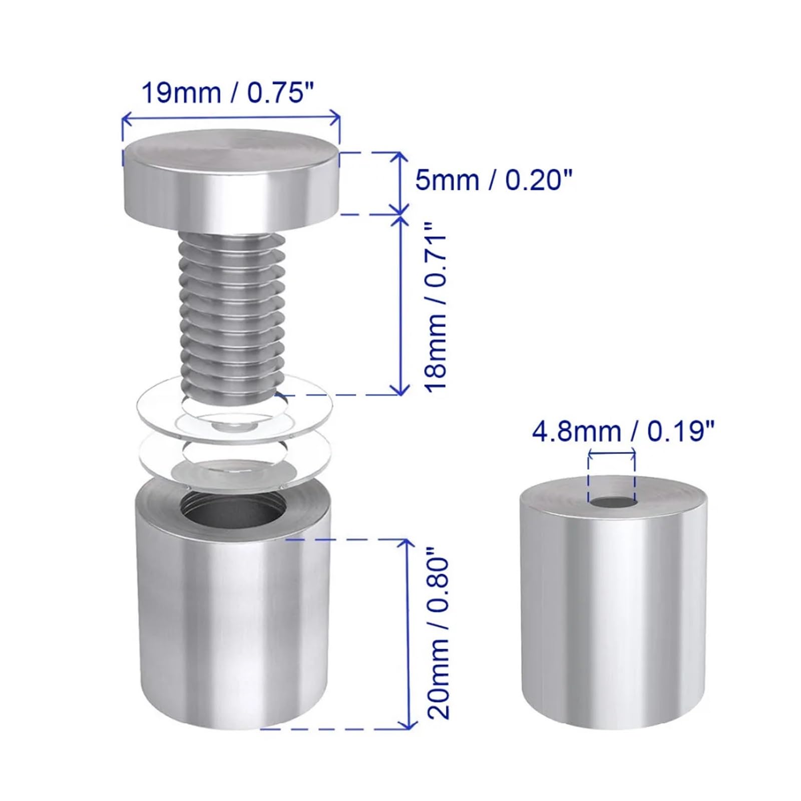 8 Viti Distanziatrici Per Vetro - Acciaio Inox Golden, 19x25 Mm, Con Guarnizioni, Per Cartelloni Pubblicitari - Foto 5
