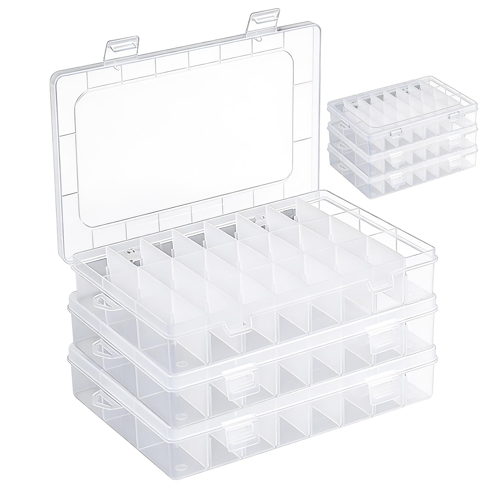 Woobroo 6 Pcs 24 Compartment Adjustable Divider Storage Box - Transparent Stackable Plastic Organiser, Suitable for Beads, DIY Craft, Jewellery, Fishing Tackle and Small Part