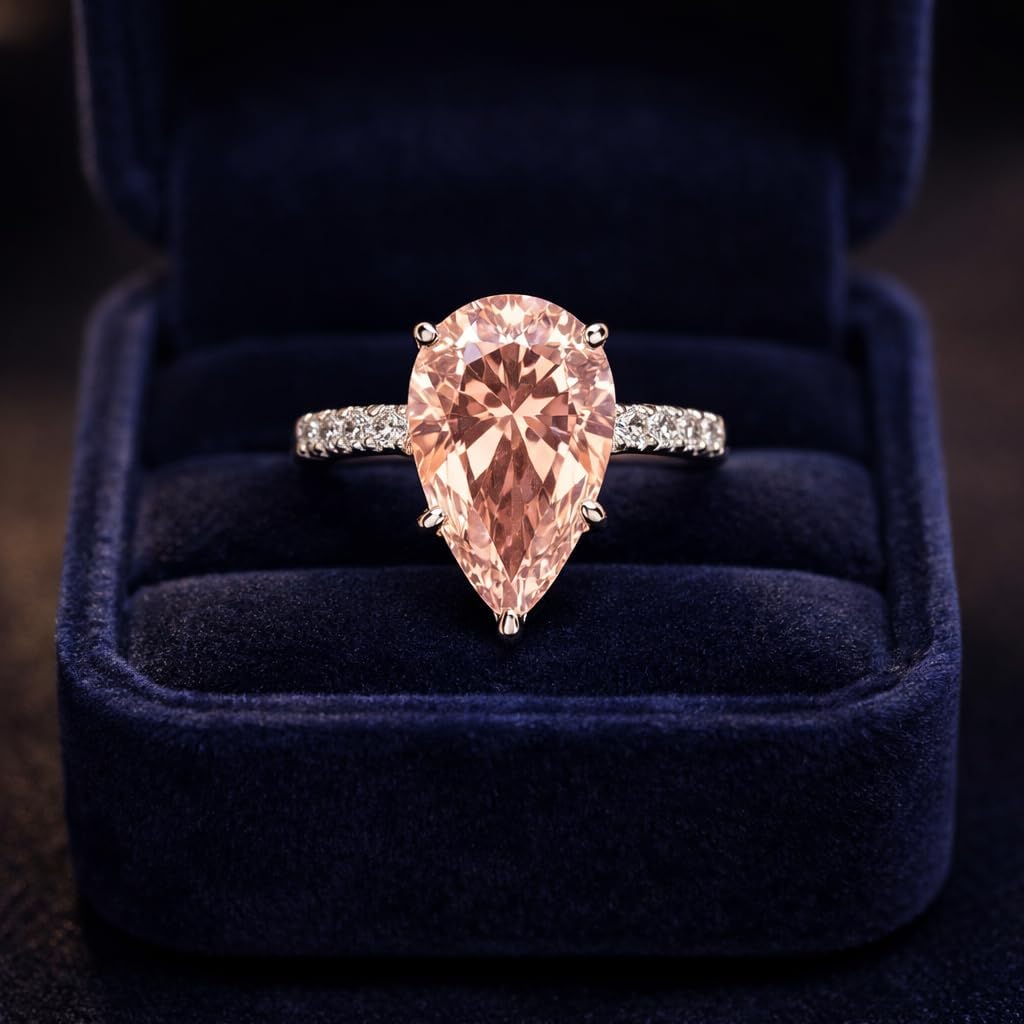 Pear Cut Morganite Engagement Ring for Women 14K White Gold Solitaire Ring with Diamond Band Peach Pink Gemstone Bridal Promise Jewelry Gift for Her