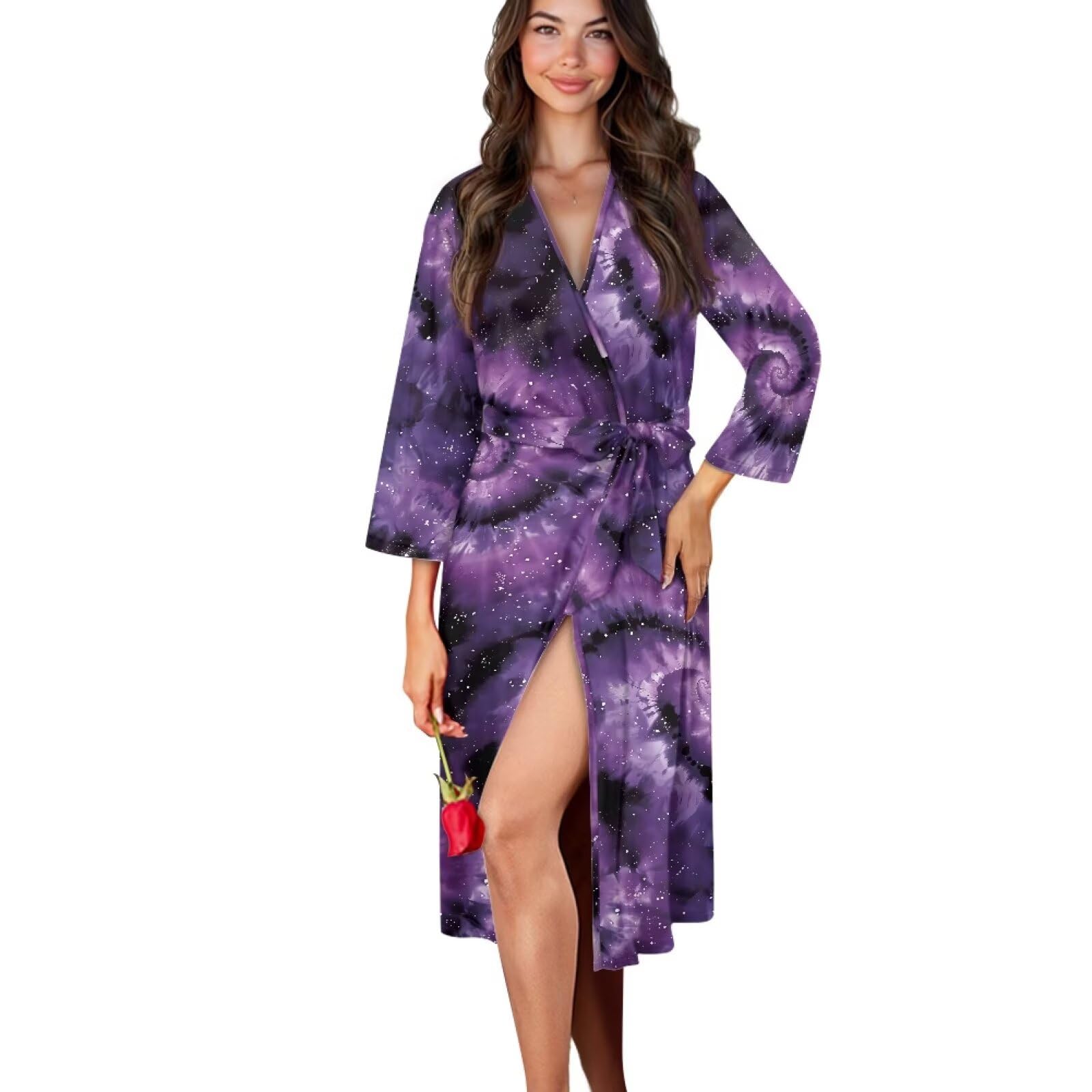 Loungwear - Camisón de manga larga para mujer, cuello en V con cinturón, ligero y holgado, para spa, noche, hogar, otoño e invierno