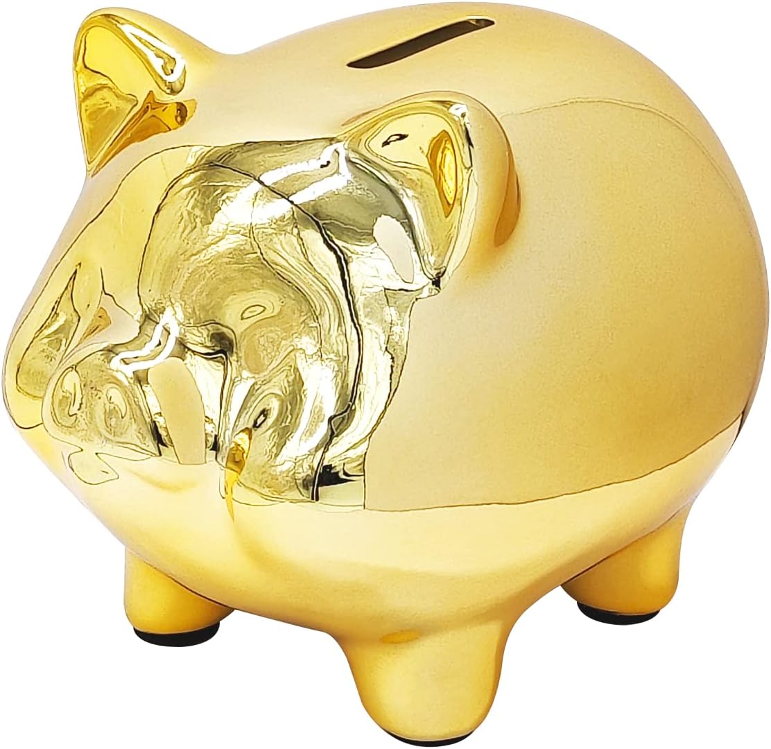 Ceramics Pig Piggy Bank for Adults, Saving Money Bank for Kids, Cute Coin Bank Decorative for Home, Kid's Birthday Gifts (AGold -Piggy1)