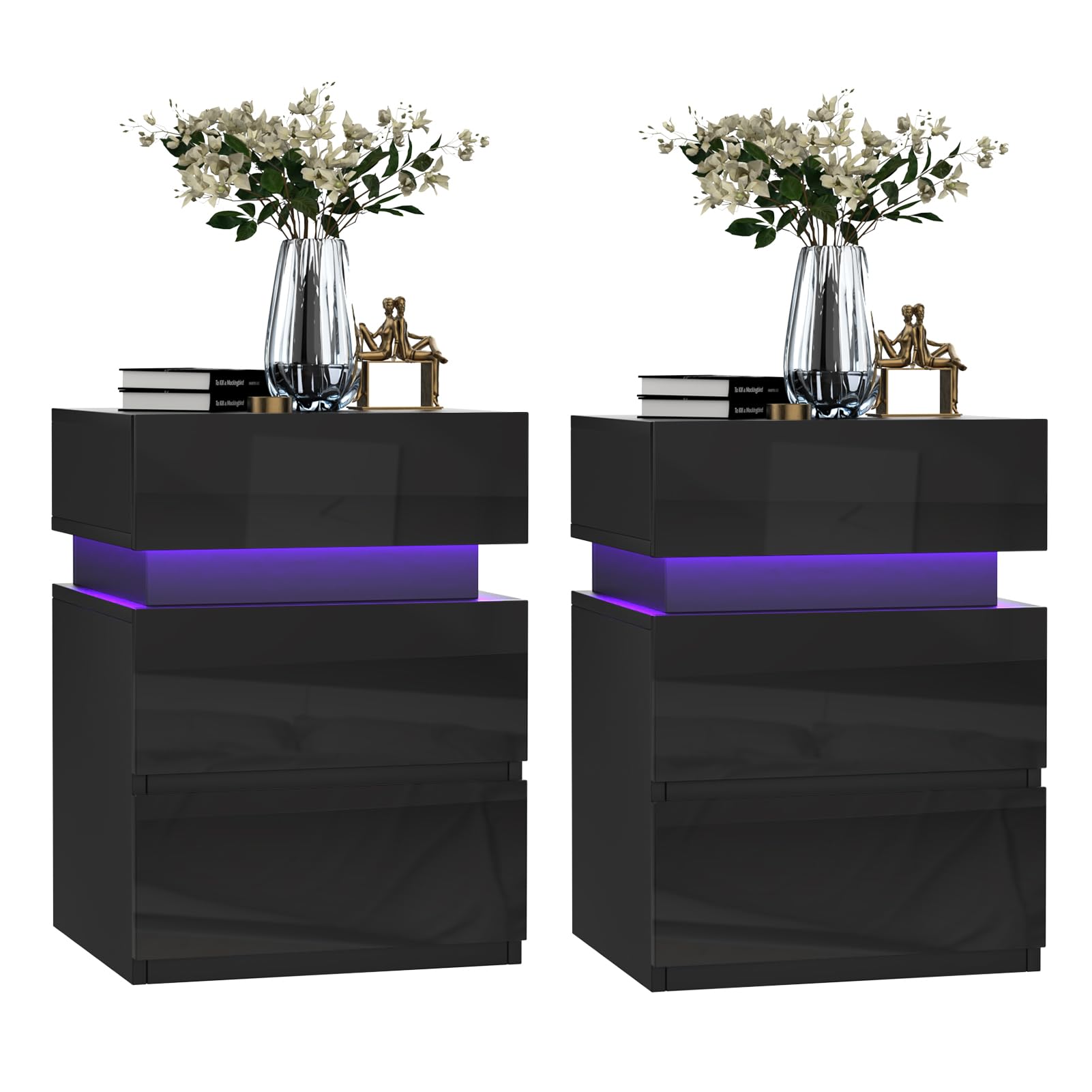 PIPIPOXER Juego de 2 mesitas de noche con iluminación LED, mesita de noche negra brillante, mesa auxiliar, colores ajustables, mesa de sofá, 3 cajones, mesita de noche para dormitorio, 35 x 40 x 55