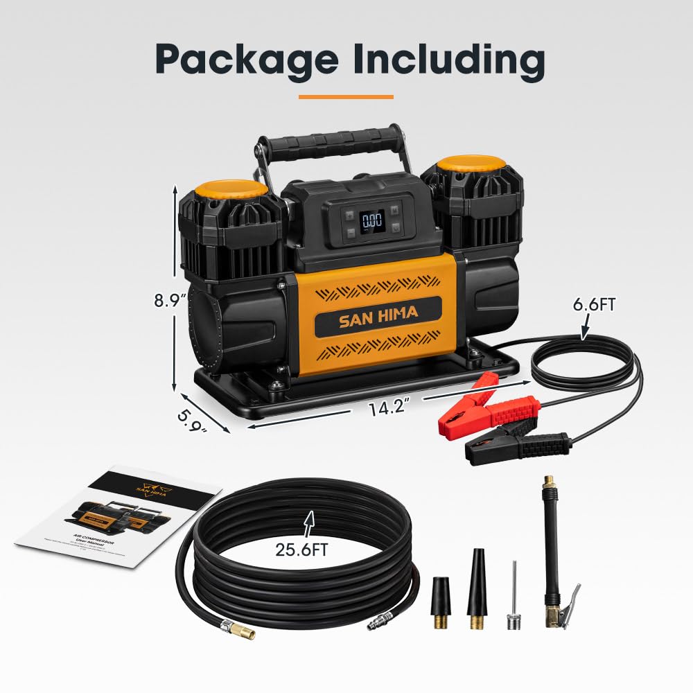 SanHima sprężarka powietrza 12 V – przenośny nadmuchiwacz do opon z podwójnym cylindrem 12,36 CFM z ekranem LED, pompa powietrza offroad, wytrzymała, maks. 150 PSI, do pojazdów 4 x 4, do samochodów