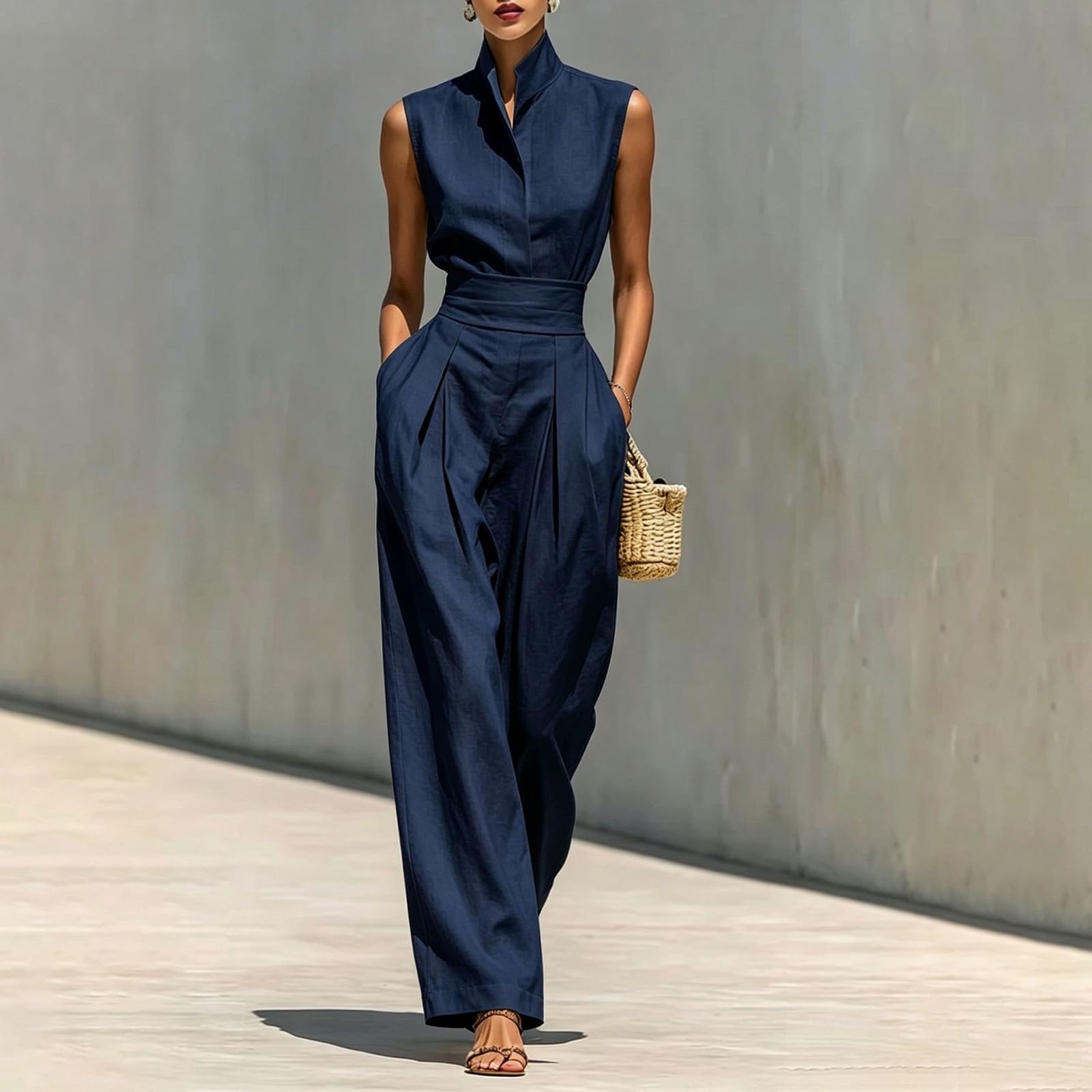 Tuta da donna elegante, per feste, senza maniche, collo alto, per il lavoro | Tuta intera a vita alta con tasche, a gamba larga, per matrimonio