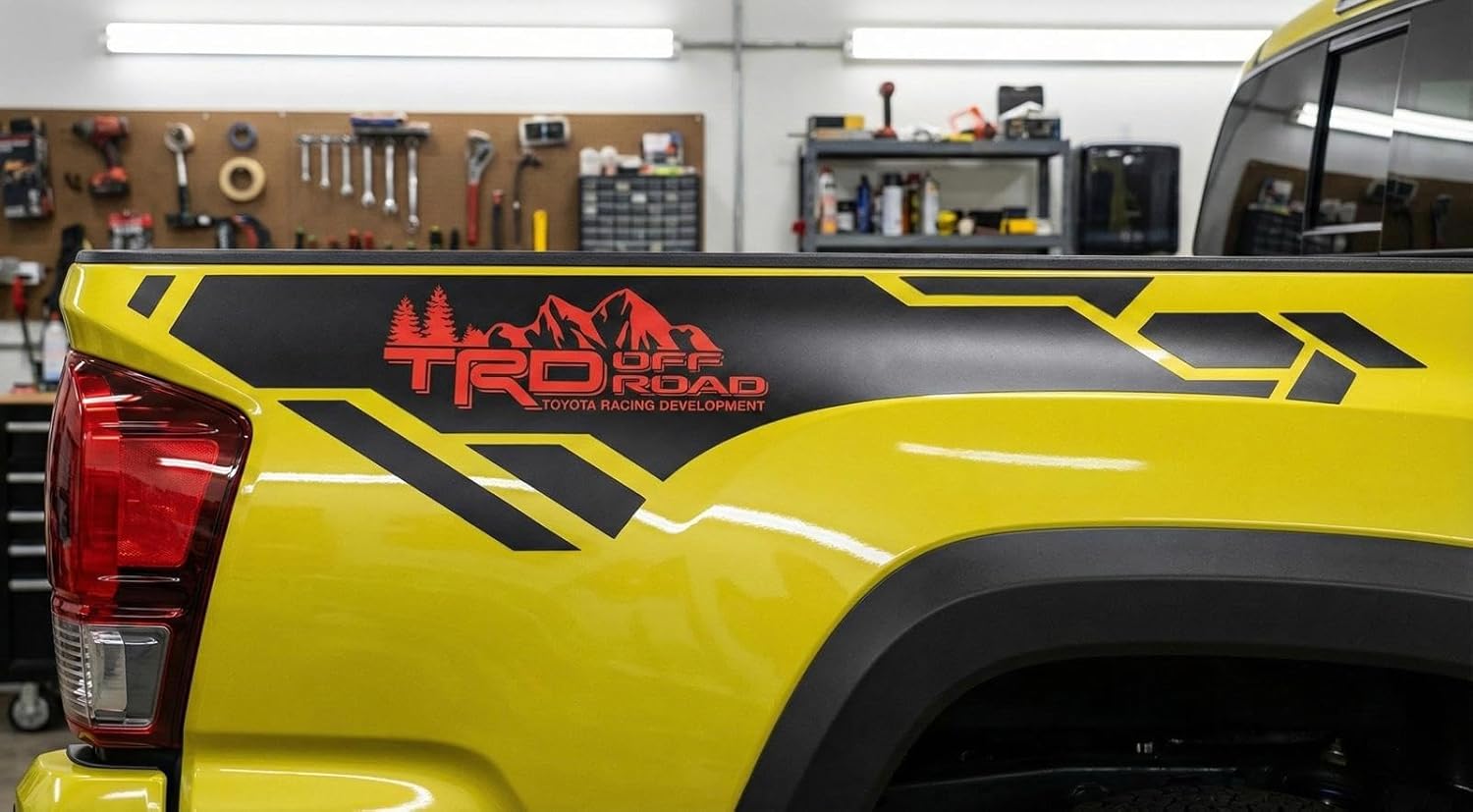 TRD Off Road Bed Side Vinyl Decal Stickers – Compatible with Toyota Tacoma 2005-2024 – Black & Red Mountain 4x4 Graphics Kit – Matte Outdoor Truck Bedside Decals – 2 Piece Set
