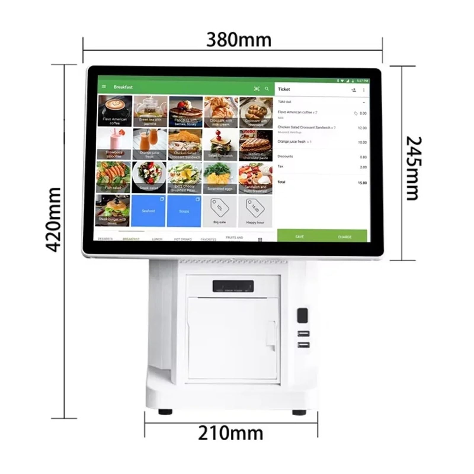 Caja registradora, Caja registradora con Pantalla táctil, Sistema POS de 15,6 Pulgadas, Impresora térmica 58/80mm, Terminal Restaurante