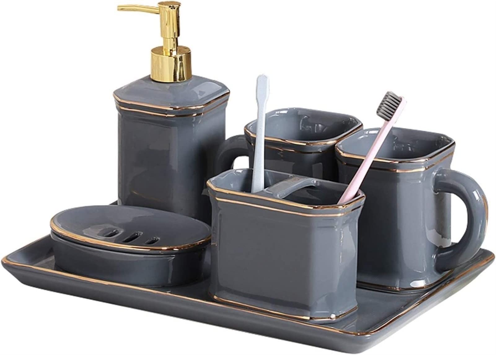 Zuhause Badezimmerzubehör Set Keramik Toilettenartikel Badezimmer Set Dekoration Porzellan Tasse Lotion Flasche Zahnbürstenhalterschale Dekoration Zubehör for Hotelbadezimmer geeignet