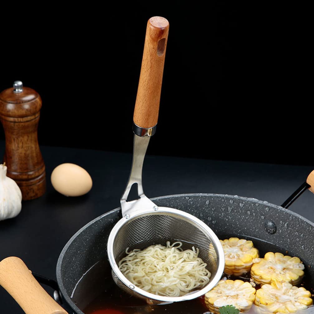 Inserto para Pasta de Acero Inoxidable con Mango de Madera - Colador de Malla para Fideos, filtrado y colado de Alimentos - Cestas de Espagueti - Colador tamiz de Fideos