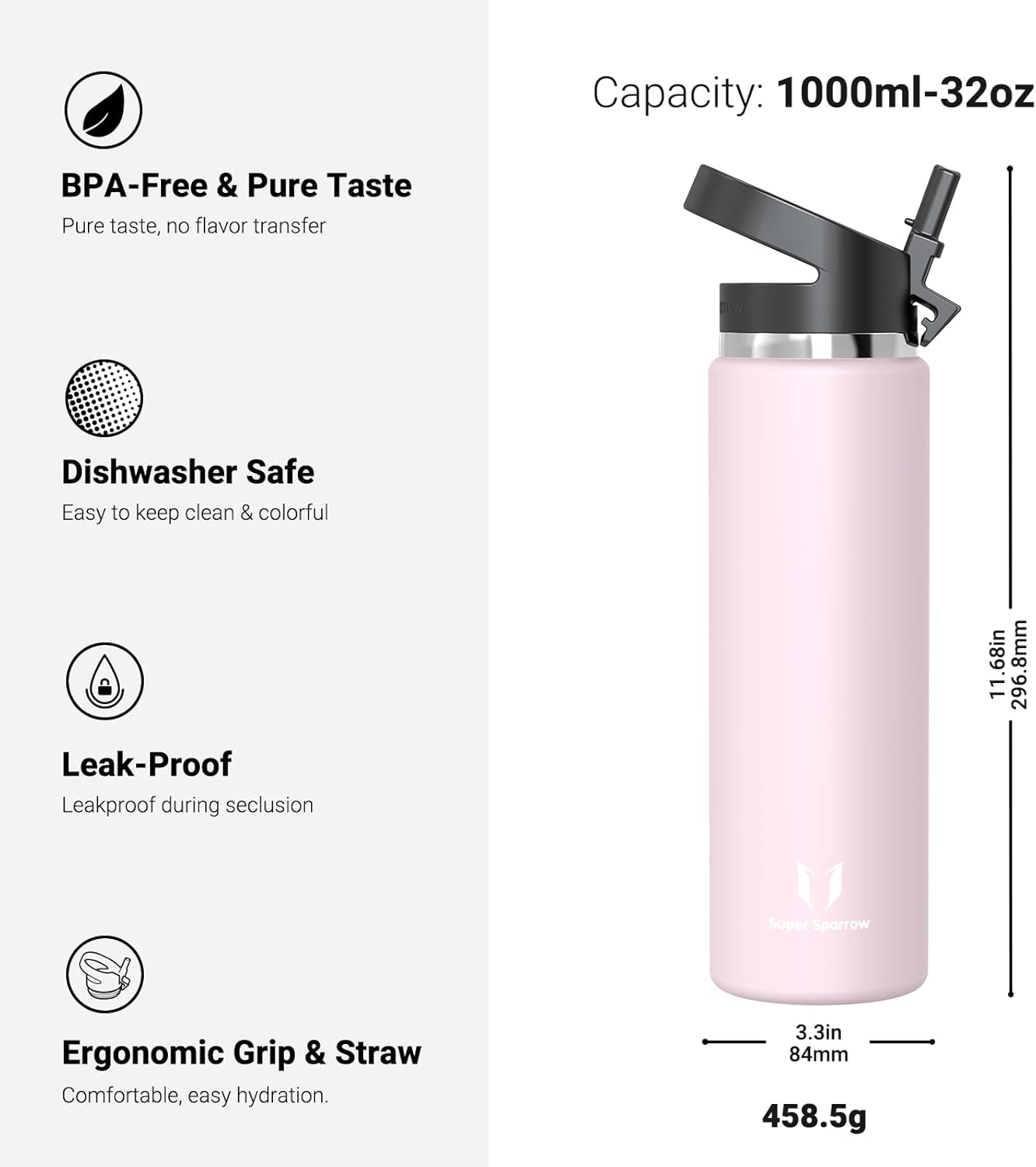 Super Sparrow Water Bottle Insulated - 17 Oz / 25 Oz / 32 Oz - Wide Mouth SwivelSip Flask - BPA Free, Leak Proof Drink Bottle- Ergonomic Straw Water Bottles for Work, Gym, Travel, Sports, Outdoor - Image 3