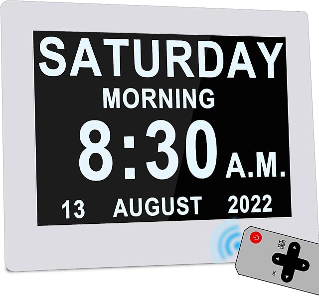 [2022 Newest] 12 Alarms Dementia Clock 8 Inch Large with Remote Control, 5 Levels Auto Dimmable, Non-Abbreviated Date and Day Clock with Calendar for Alzheimers Seniors with Digital Frame Feature