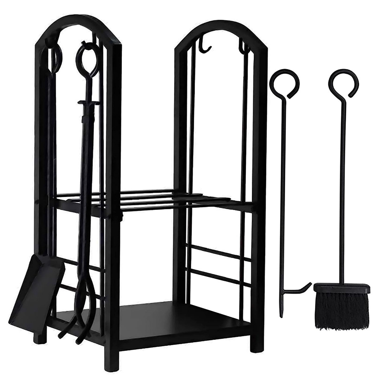 Support pour bois de chauffage avec 5 outils de cheminée – Porte-bûches, pince, brosse tisonnier et pelle pour le rangement et la niisation du bois de chauffage – Design élégant