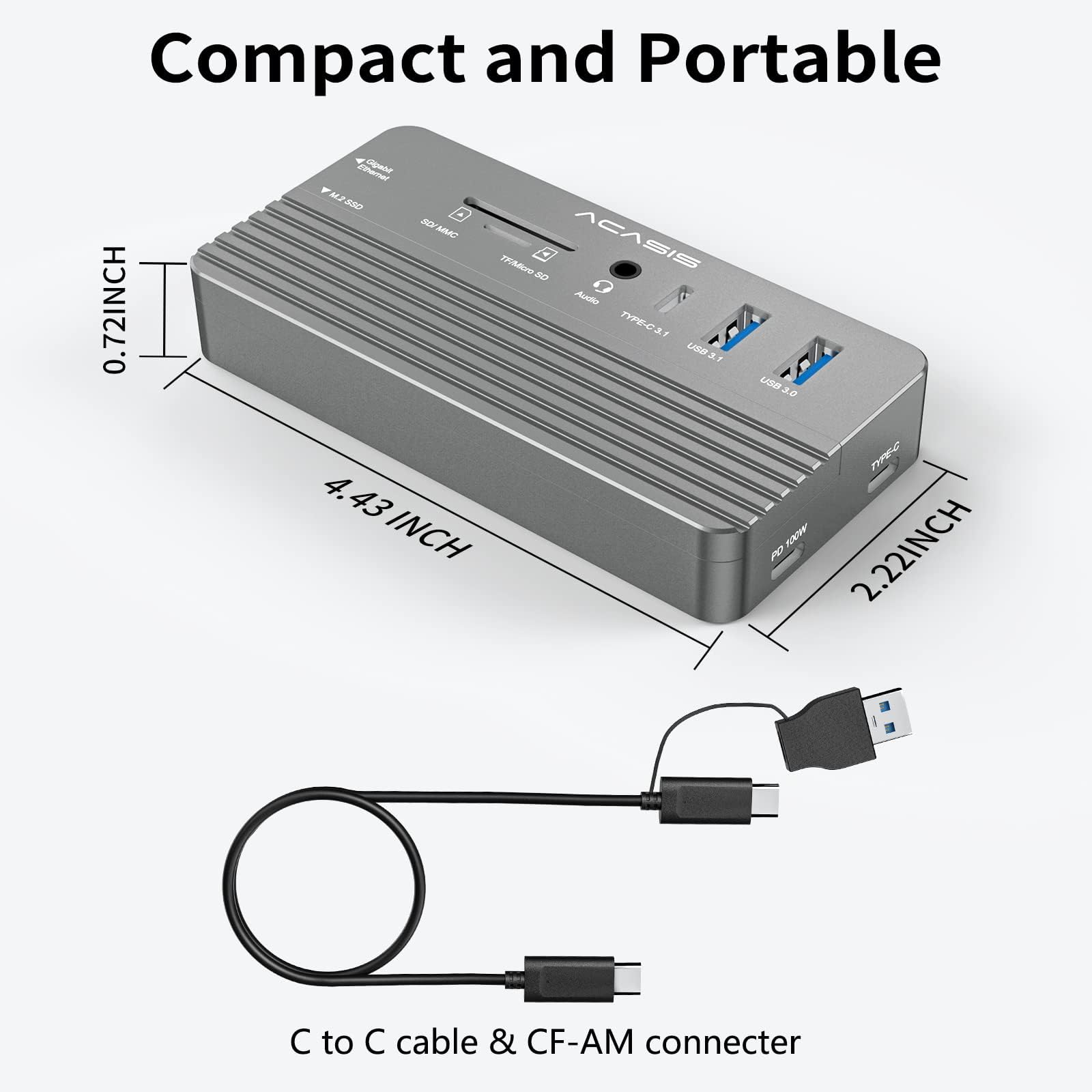ACASIS USB C Hub 10-in-1 with NVMe M.2 SSD Enclosure 100W Charging Power Delivery/4k 60hz HDMI/ethernet/Audio Jack for MacBook Pro/Windows/Android (Grey)