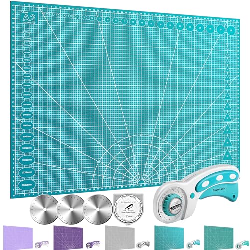 Miuzei Schneidematte A2 mit Rollschneider Bastelunterlage Groß Kinder Schneideunterlage Schnittfest Selbstheilende Stoffschneider Mat Set 45mm Ersatzklingen Cutter für Stoff Nähen Leder Paper Cyan