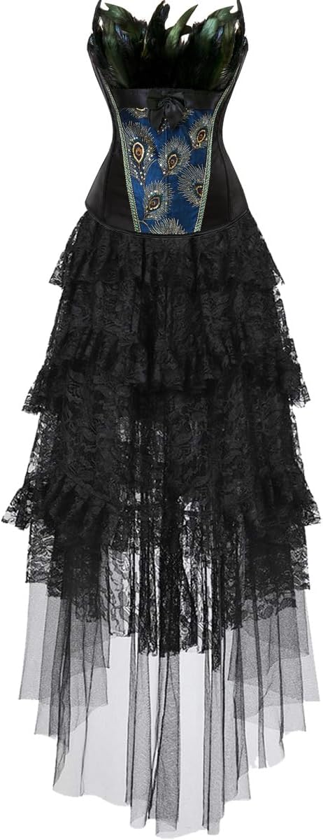 Corset Dress Skirt Set for Women Overbust Bustiers Top Peacock Nobility Feather