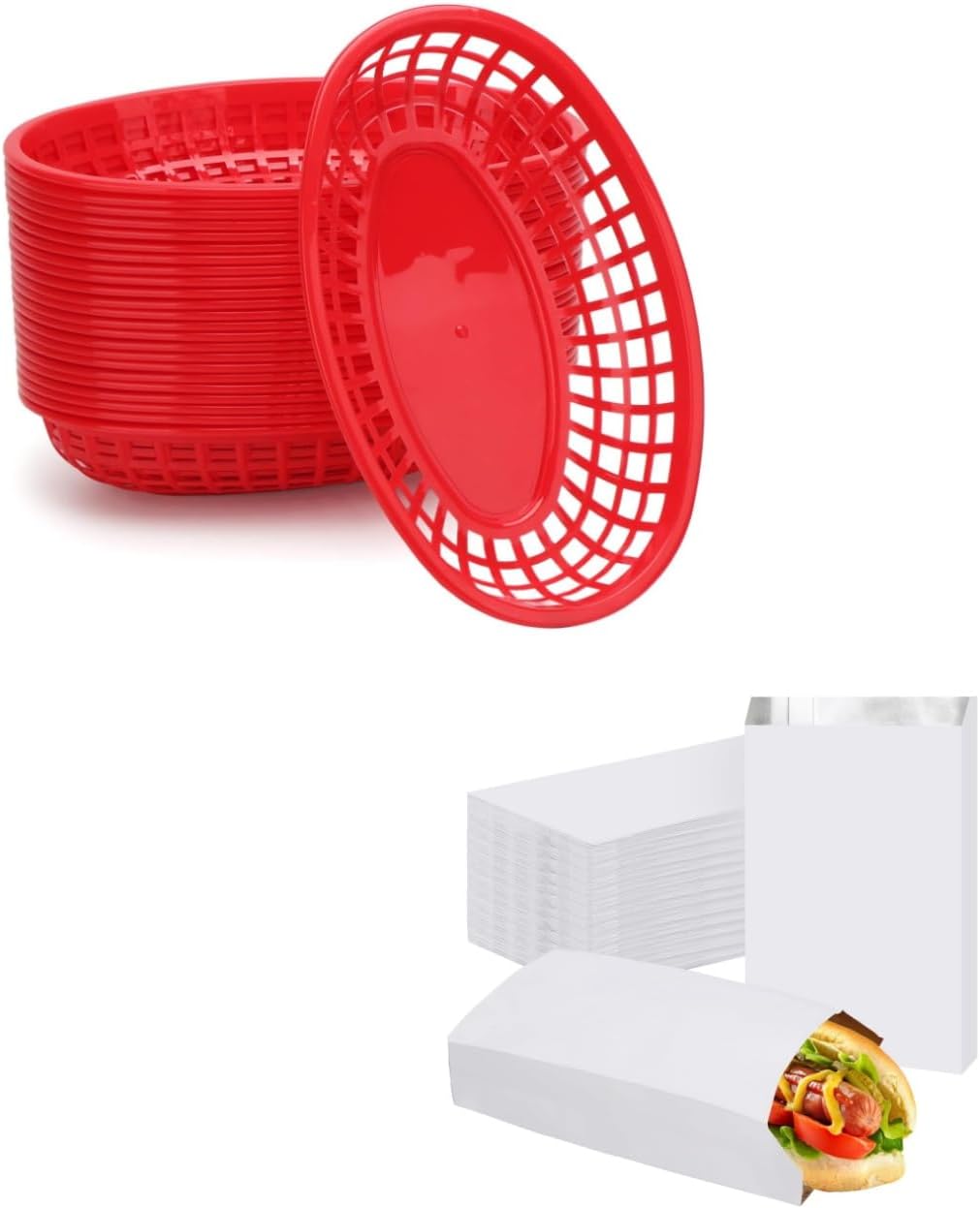 EUSOAR 24pcs 9.4" x 5.9" Bread Baskets and 200pcs 4.7"x8.6"x1.6" White Hamburger Wrappers Bags, Aluminum Foil Grease Resistant Food Storage Packaging Bag for Hot Food Hot Dog Bakery Cookies Snacks