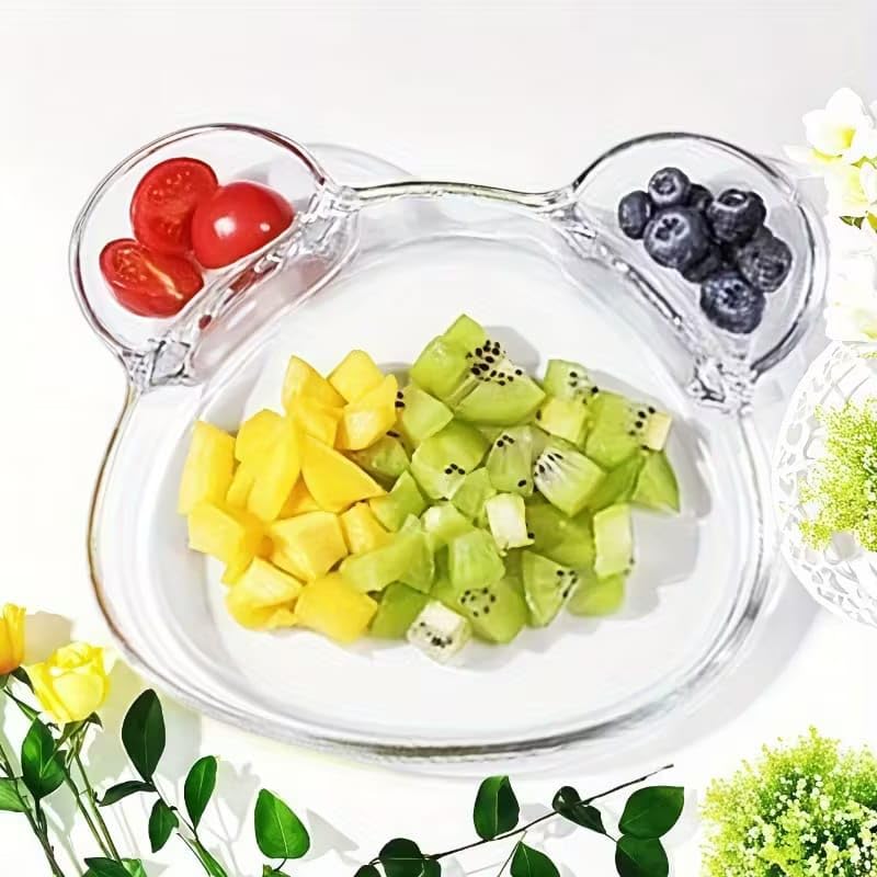 Image of PrimeWorld 2pcs Bear-Shaped Borosilicate Glass Grid Plate | 9.25 Inch Salad Plates | Microwave & Oven Safe Partition Dish | Multi-Functional Tableware for Noodles, Chips, Dumplings, Pastries & More