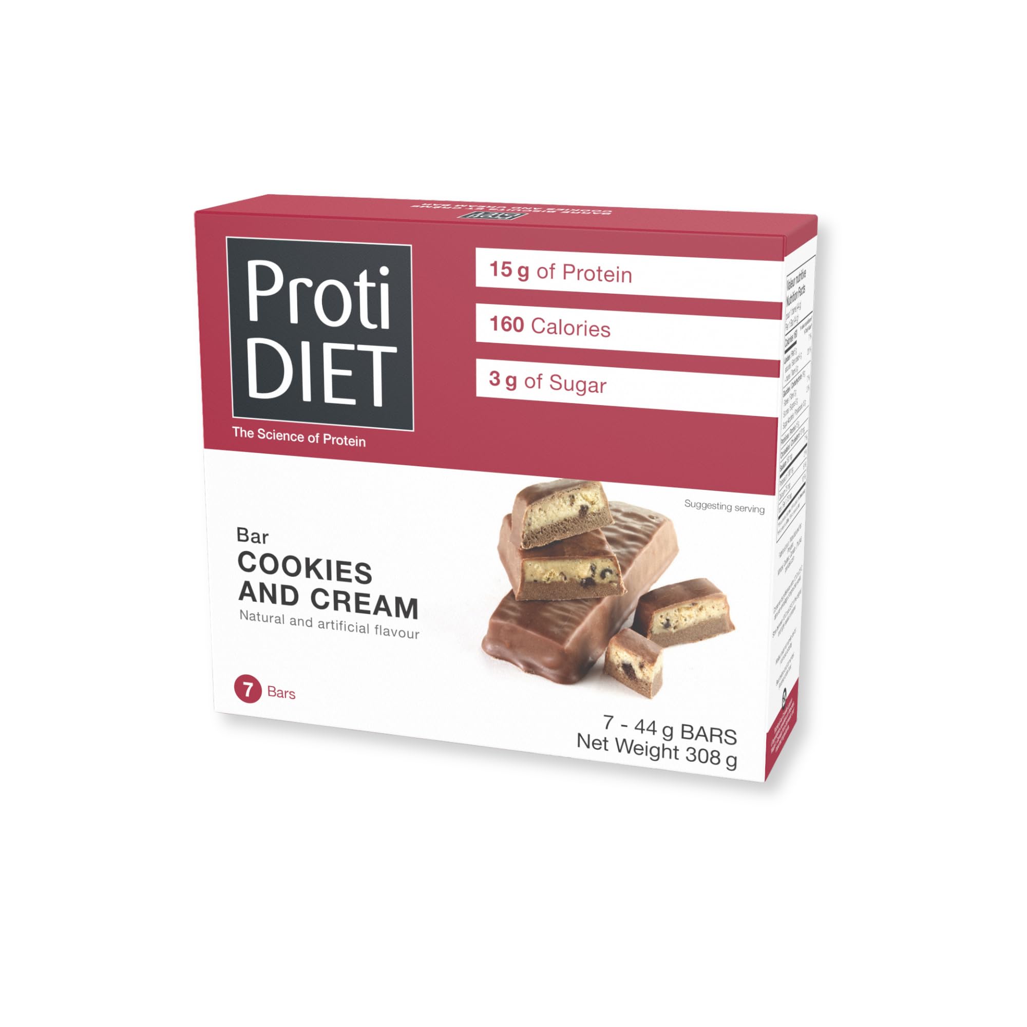 ProtiDIET Cookies and Cream High Protein Bar - 15g Protein - No Trans Fat Meal Replacement Bars - Great Protein Snacks for Adults to Support a Busy and Active Lifestyle - 7 Protein Bars Per Box