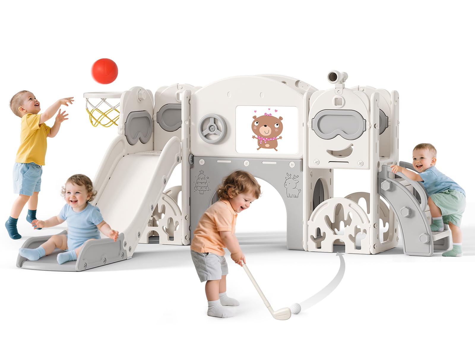 Scivolo per bambini, scivolo per bambini piccoli indipendente con canestro da basket, attrezzatura per parco giochi con scivolo, scivoli all'aperto (Blu Grigio-7 in 1)