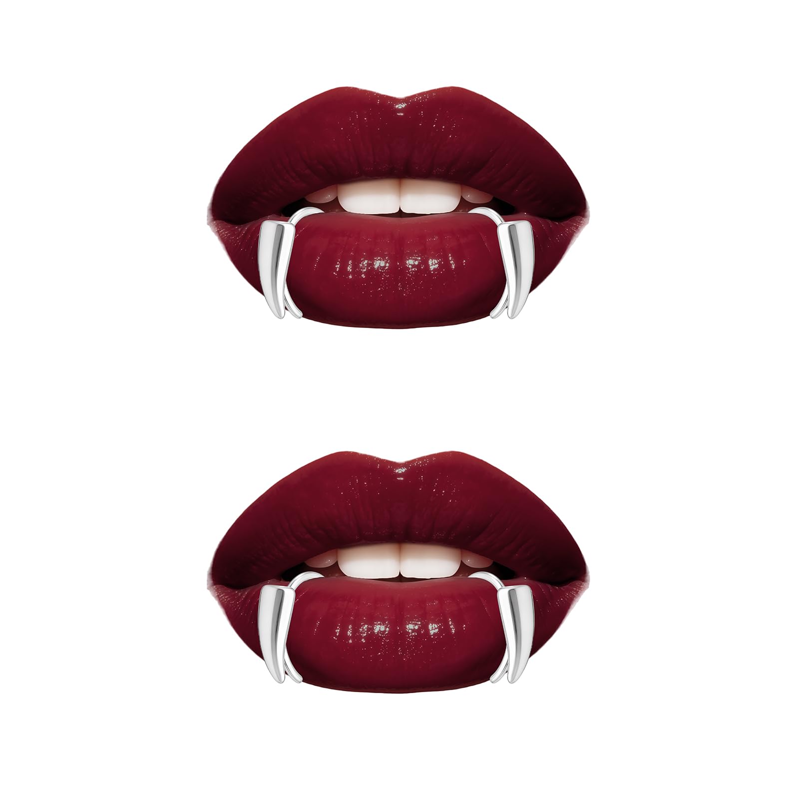 UNVOJL 2Pairs Vampire Fangs Stainless Steel Fake Lip Ring,3D Non Piercing Clip on Polishing Jewelry for Halloween Cosplay Costume