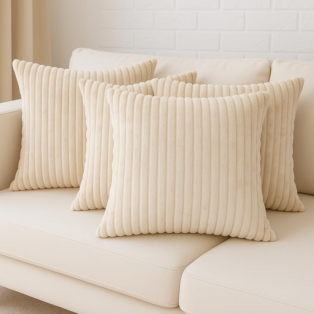 LOFEY Velvet Cushion Covers Set of 5 | 16 inch x 16 inch (40x40 cm) Fur Flocking Decorative Sofa & Bed Pillow Covers for Living Room & Bedroom Decor (Without Filler) (Beige)-image-49