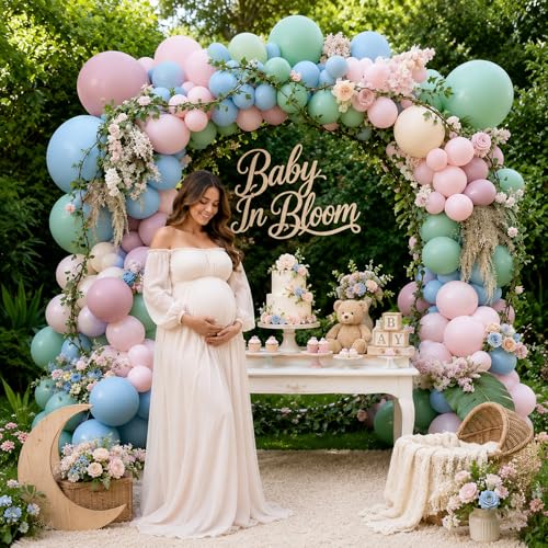 Image of Pink Blue Green Balloons, Boho Baby Shower Wildflower Floral Party Balloons | Dusty Green Pale Pink Beige Balloons, Dusty Blue Blush Sand White Balloons for Baby In Bloom Garden Tea Birthday Party Decor