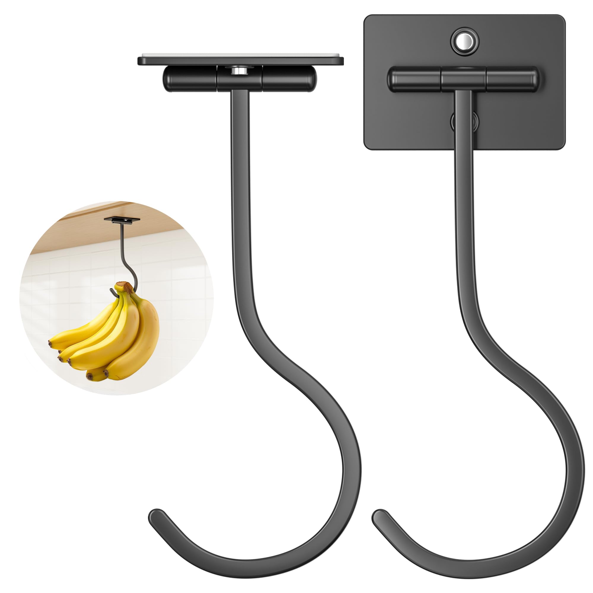 Adhesive Banana Hanger Under Cabinet: 2 Pack Sticky Banana Hooks Under Counter, Banana Holder for Hanging Kitchen Utensil, Foldable with Magnets When