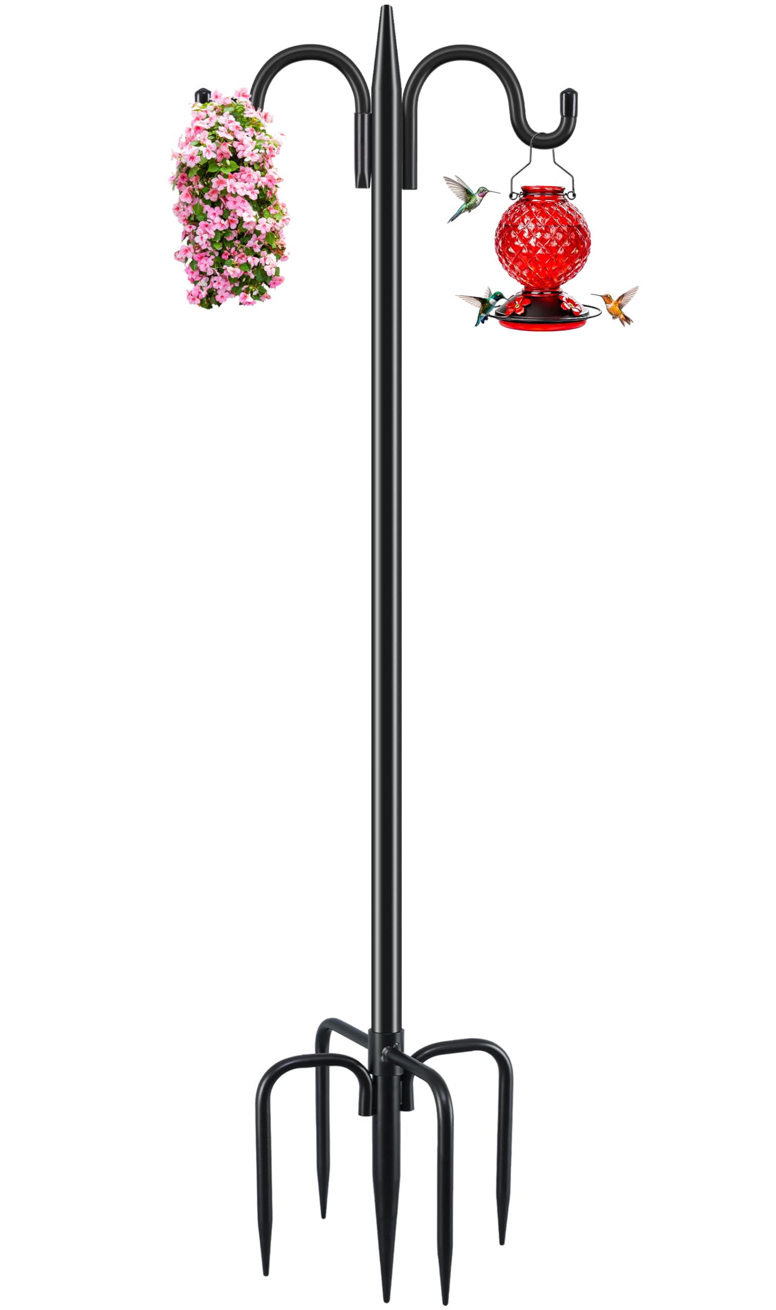 Gtongoko Bird Feeder Pole for Outdoors Heavy Duty, 77 Inch Double Shepherds Hook with 5-Prong Stable Base, 3/4 Inch Thick Hummingbird Feeder Stand for Hanging Plants, Lanterns, 1 Pack