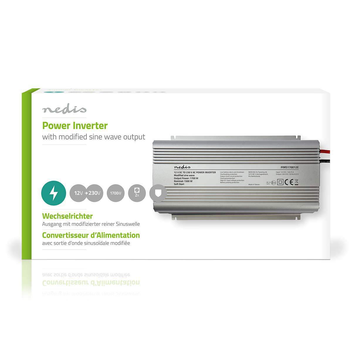 Nedis PIMS170012E przetwornica zmodyfikowana fala sinusoidalna | 12 V DC – 230 V AC | 1700 W | 2-biegunowe wyjście uziemione