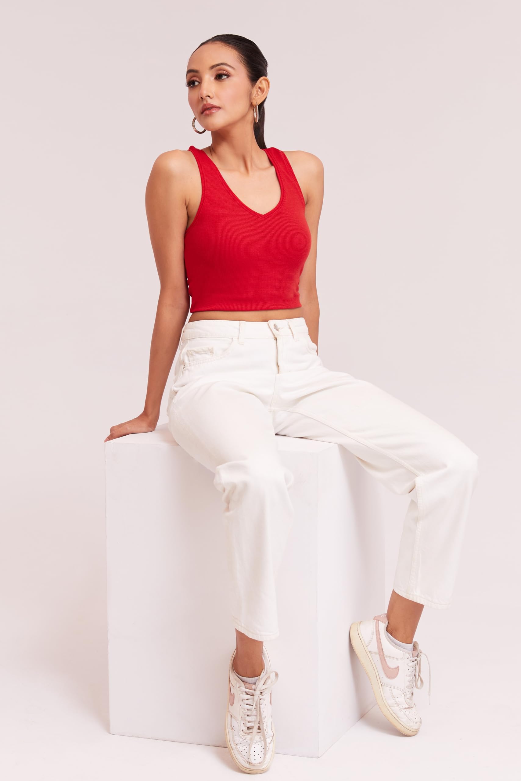 BERRY BIRD® Sleeveless V- Neck Slim Fit Ribbed Knit Tank Cut Out Back Crop Tops for Women & Girls Casual Beach and Gym Wear and Western Trendy Fashion Red 4